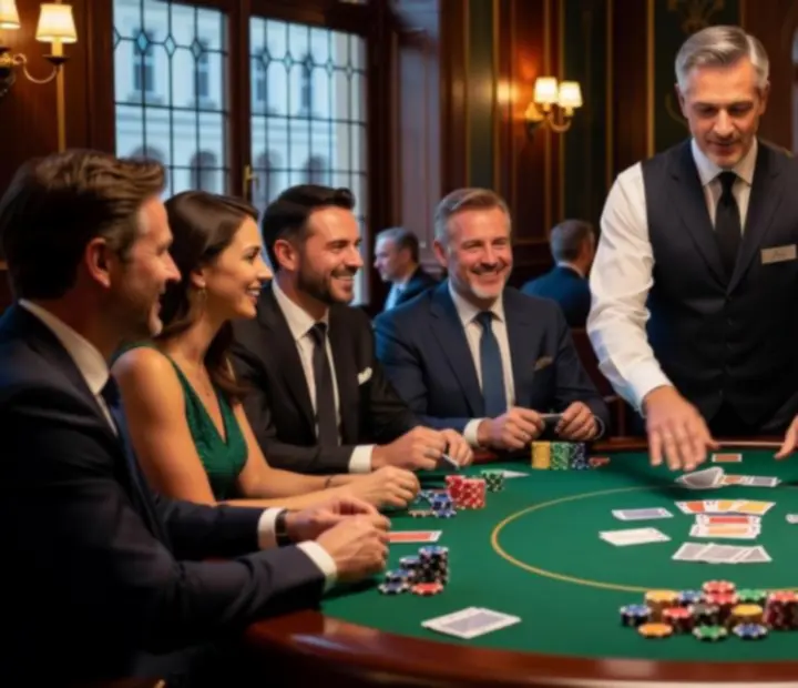 Profesionální dealer u pokerového stolu se symbolickými žetony během narozeninové oslavy