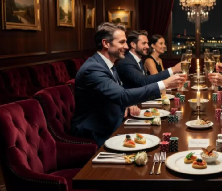 Luxusně prostřený narozeninový stůl s pokerovými žetony a šumivým přípitkem v elegantní restauraci