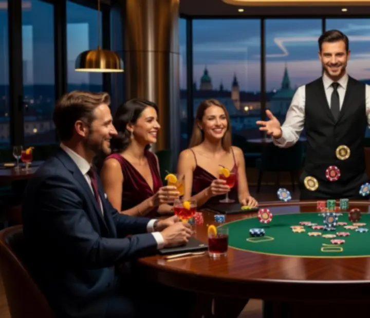 Elegantní pokerový večer s profesionálním stolem a atmosférickým nasvícením