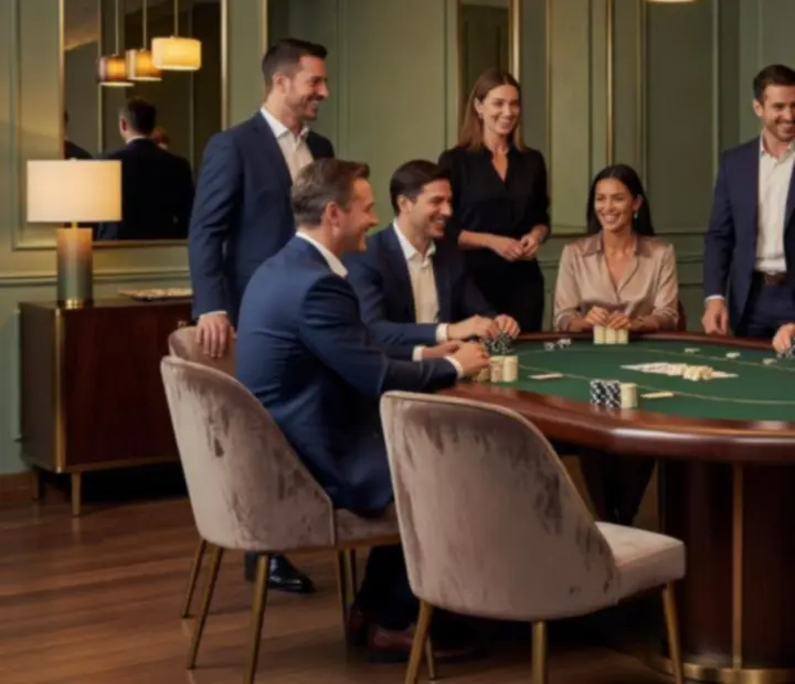 Tým kolegů u profesionálně prostřeného pokerového stolu v elegantní restauraci