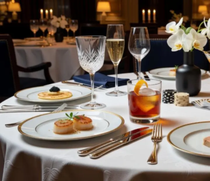 Elegantně prostřený stůl s degustačním menu a koktejly