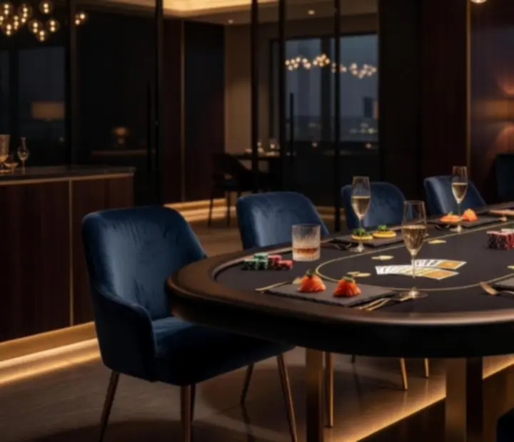 Elegantně nasvícený stůl s pokerovým setem v prémiové restauraci