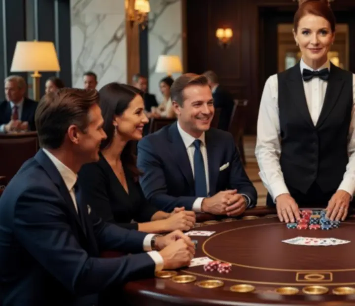 Profesionální krupiér u elegantního pokerového stolu během firemního večera