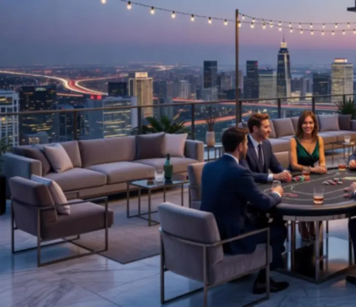 Rooftop terasa s nasvícenými stoly a pokerovým setem s panoramatickým výhledem