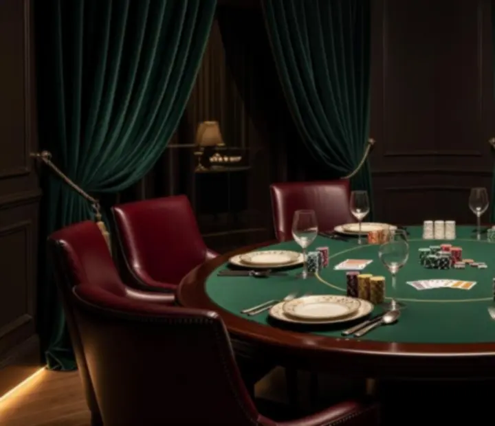 Soukromý salon s elegantně prostřeným stolem a pokerovým stolem připraveným pro hosty