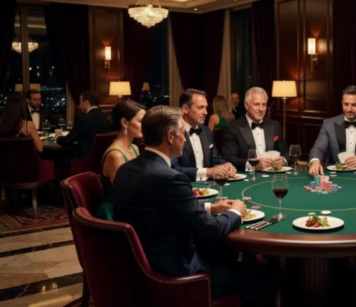 VIP pokerový večer u prémiového pokerového stolu v elegantní restauraci